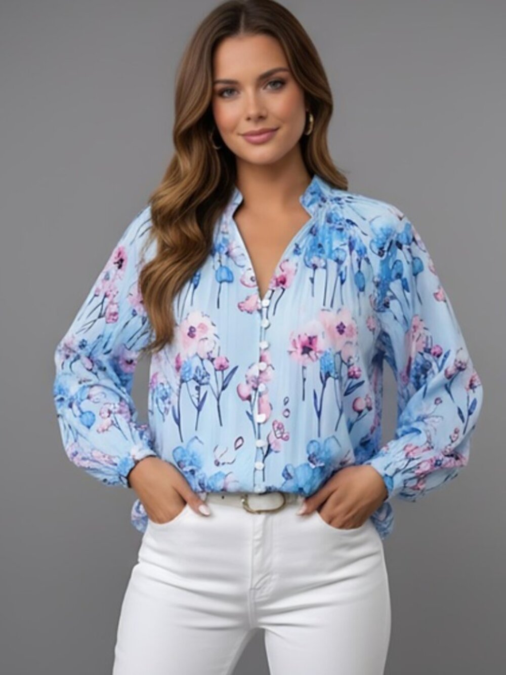 Blue Boho Floral Print Button Down Pleated Shirt